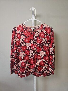 Garnet Hill Cardigan Sweater Red Pink Floral Merino Wool L